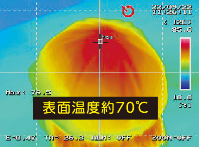 一般的な紅白帽サーモグラフィーの画像。頭頂部の表面温度が約70度まで上がっています。