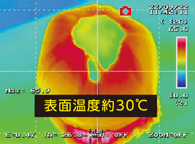 ほっと安心帽紅白帽のサーモグラフィーの画像。頭頂部の表面温度が約30度まで上がっています。